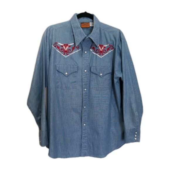 VTG Westerner Mens Denim Button Up LS Shirt Size XL Blue Embroidered Bull Rodeo - Picture 1 of 13
